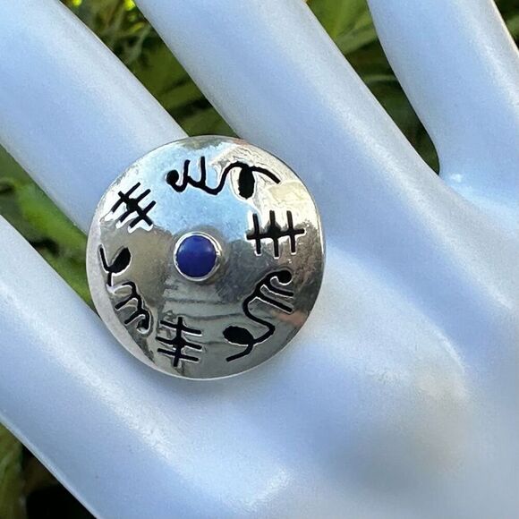 Jake Livingston Silver Lapis Ring Navajo - Hoel Lapis Petroglyph Native American Sterling Silver Ring - Unique Handcrafted Desig